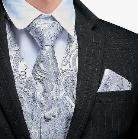 Elegant Paisley Silk Waistcoat & Tie Set - Silver Waistcoat Luxurious Weddings