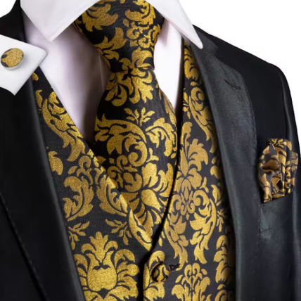 Elegant Paisley Silk Waistcoat & Tie Set - Black/Gold Waistcoat Luxurious Weddings