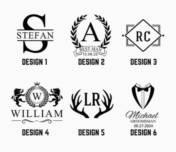 Collection of custom logo designs for groomsmen and best men, featuring names and unique motifs.