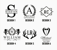 Collection of custom logo designs for groomsmen and best men, featuring names and unique motifs.