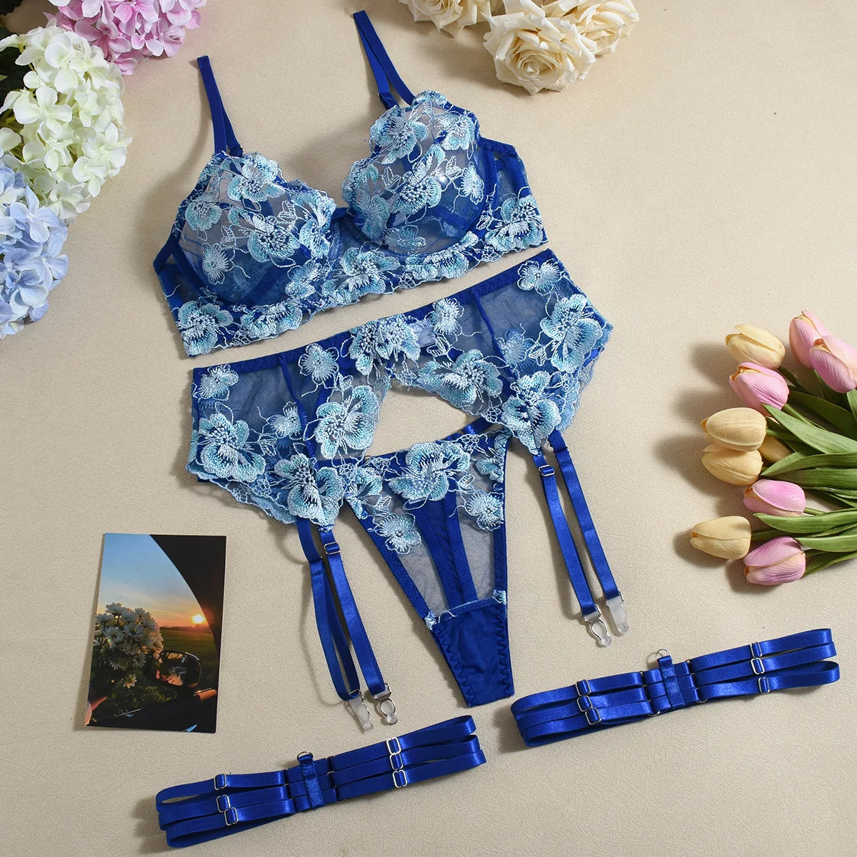 Premium Floral Lace 5-Piece Lingerie Set in blue with luxurious embroidery, perfect for date nights and special occasions.