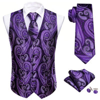 a purple paisley tie and matching cufflinks