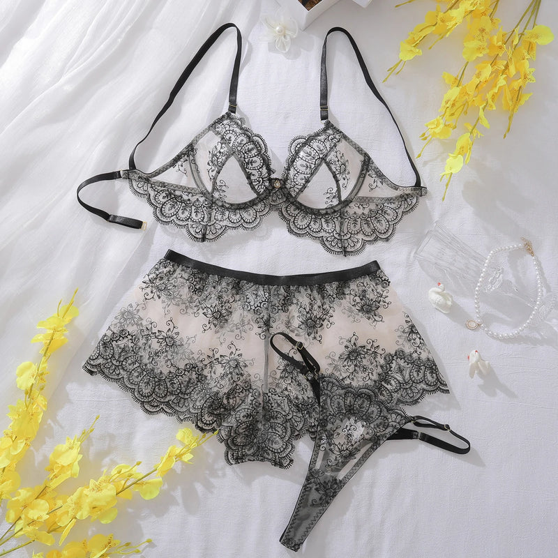 Sheer lace bra and shorts set in black, featuring elegant design and lightweight fabric, ideal for comfort and style.