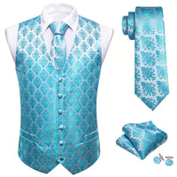 a blue vest and tie with matching cufflinks
