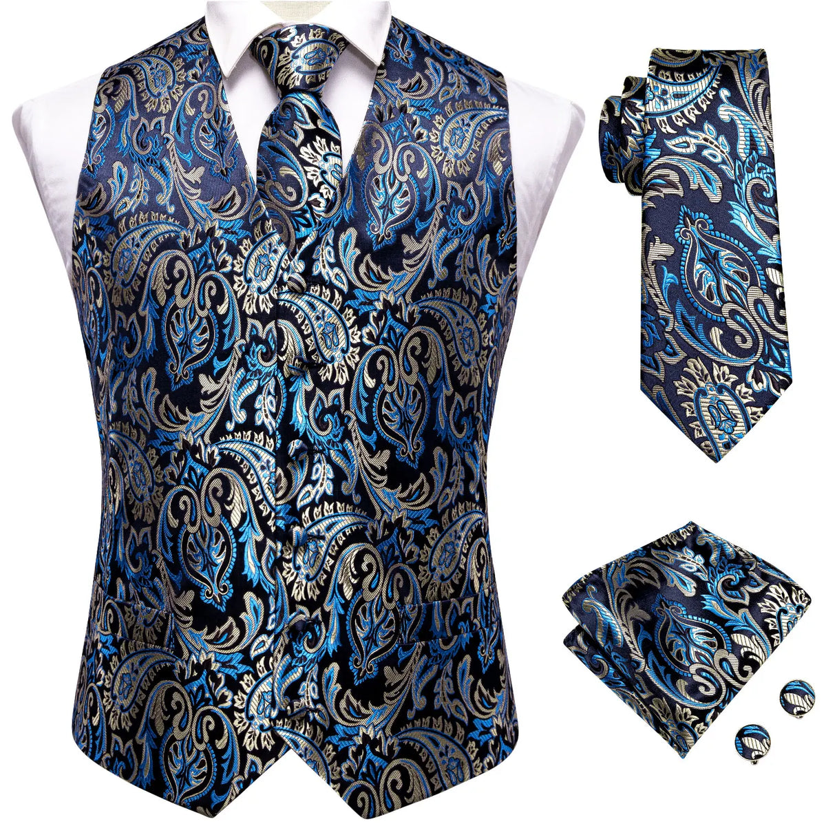 Elegant Paisley Silk Waistcoat & Tie Set - Blue/Silver Waistcoats Luxurious Weddings