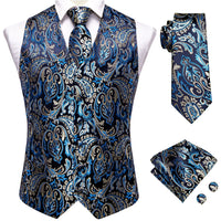 Elegant Paisley Silk Waistcoat & Tie Set - Blue/Silver Waistcoats Luxurious Weddings