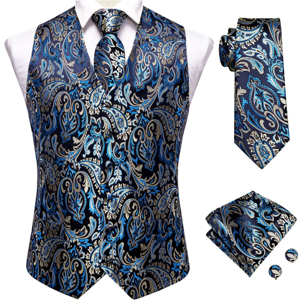 Elegant Paisley Silk Waistcoat & Tie Set - Blue/Silver Waistcoats Luxurious Weddings
