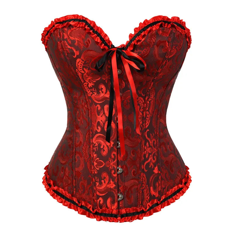 a woman wearing a red corset with a bow