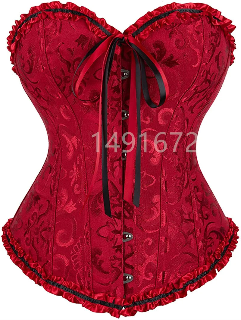 a red corset with a black bow tie