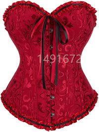 a red corset with a black bow tie