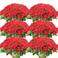 a bunch of red roses with green leaves