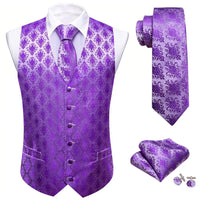 a purple vest and tie with matching cufflinks