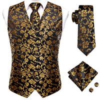 Elegant Paisley Silk Waistcoat & Tie Set - Black/Gold Waistcoat Luxurious Weddings