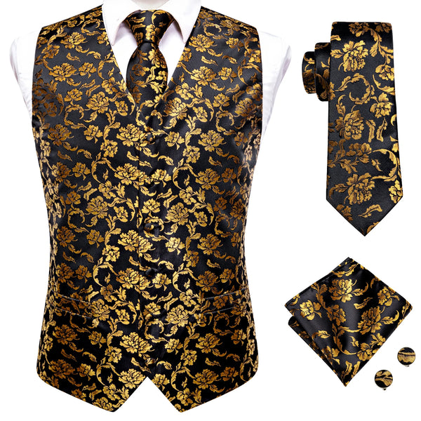 Elegant Paisley Silk Waistcoat & Tie Set - Black/Gold Waistcoat Luxurious Weddings