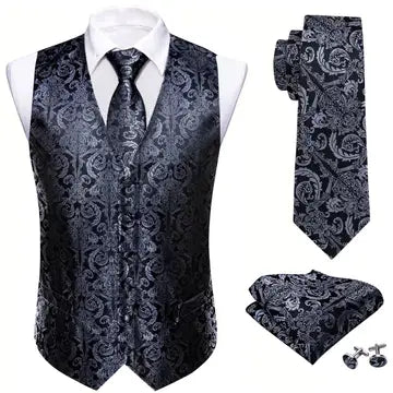 Luxurious Gray Jacquard Floral Suit Vest Set Luxurious Weddings