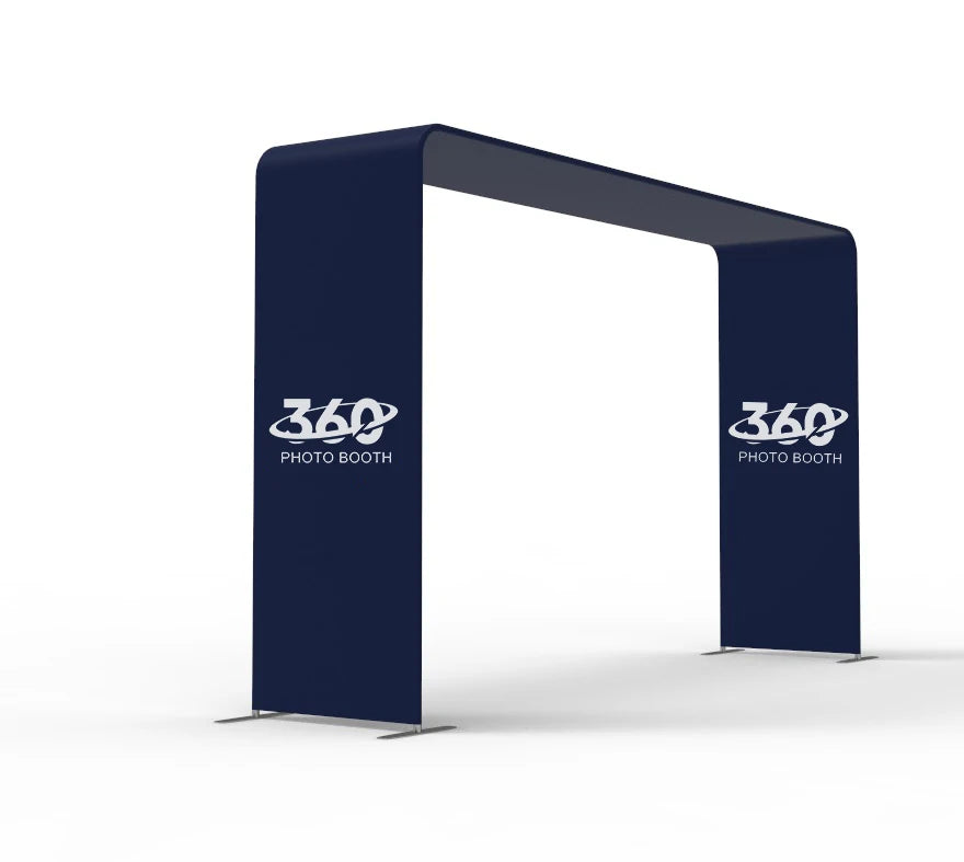 an exhibition stand with a blue cover and a white background