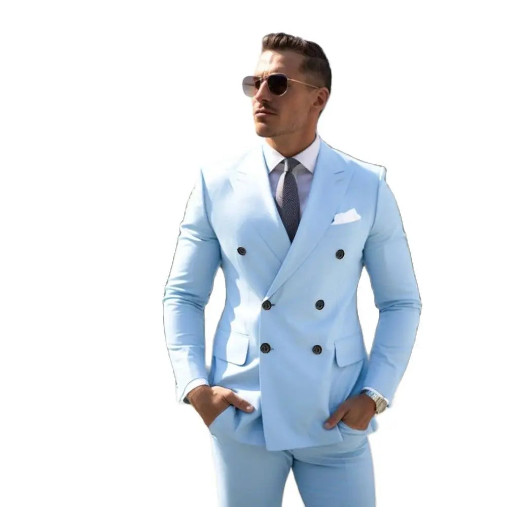 Sky Blue Men's Tailored Suit - Elegant Peak Lapel Double Breasted