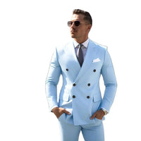 Sky Blue Men's Tailored Suit - Elegant Peak Lapel Double Breasted Custom Made Suit Luxurious Weddings