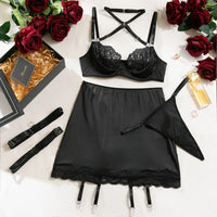 Exotic Lace Lingerie Set with garter and thong, perfect for romantic evenings, available in NZ.