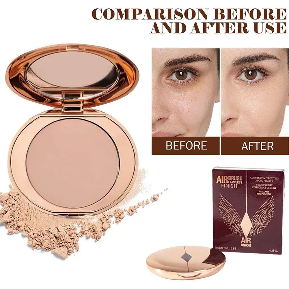 Before and after comparison of Charlotte Tilbury Airbrush Flawless Finish Powder, showcasing smooth, radiant skin.