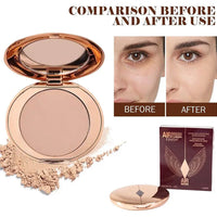 Before and after comparison of Charlotte Tilbury Airbrush Flawless Finish Powder, showcasing smooth, radiant skin.