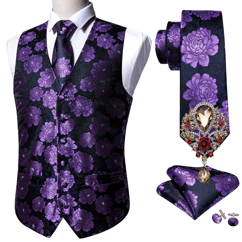 a purple and black vest and tie with matching cufflinks