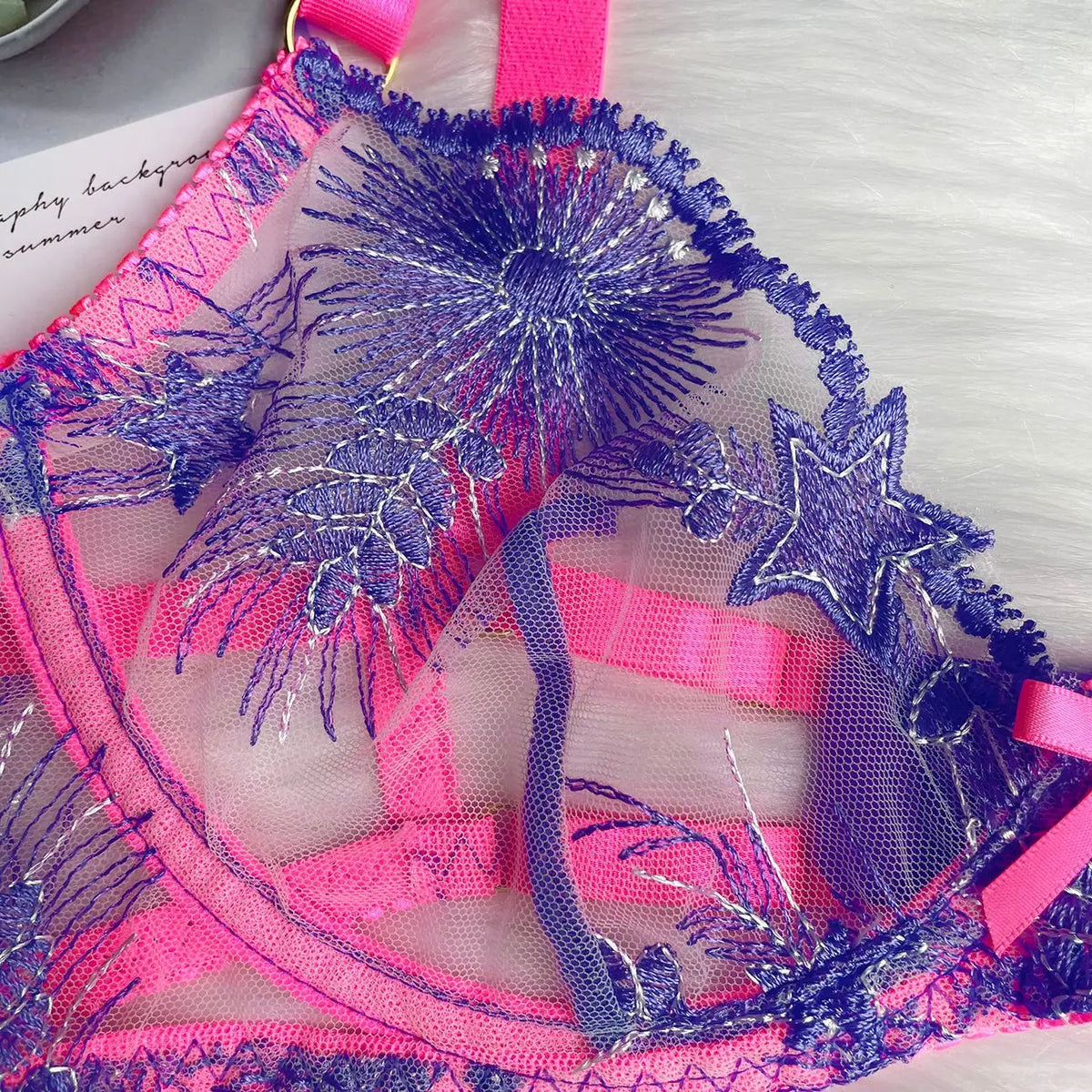 Floral lace detailing in a pink lingerie set, featuring stunning purple accents – perfect for sensual elegance in NZ.