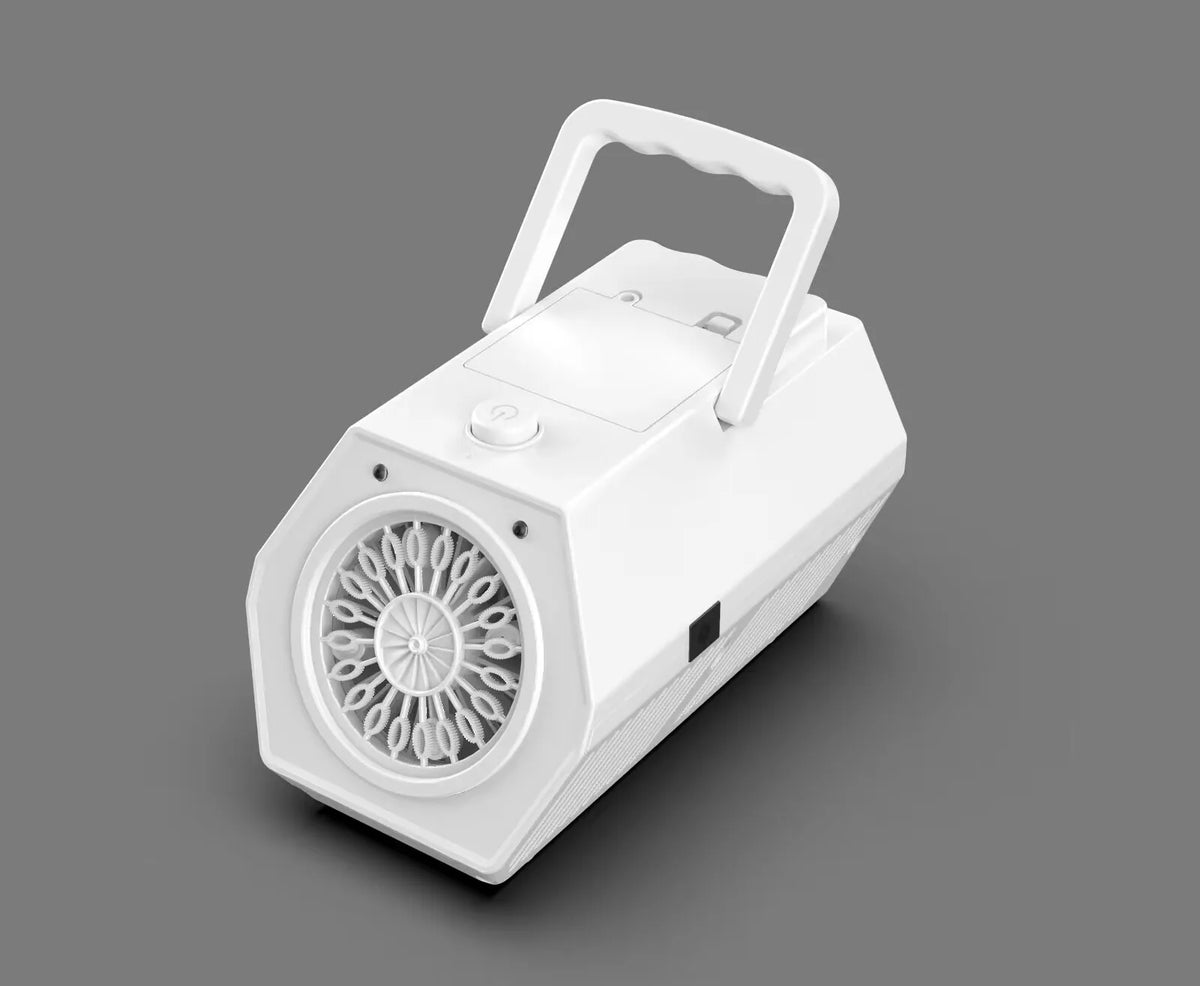 a white speaker with a light on top of it