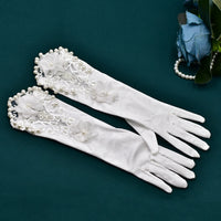 Elegant White Satin Wedding Bride Gloves with Pearls bridal gloves Luxurious Weddings