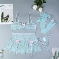 Sensual lace lingerie set in soft blue with bows, perfect for adult nights and intimate occasions. Lingerie NZ.