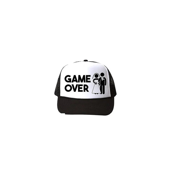 a black and white hat with a game over design