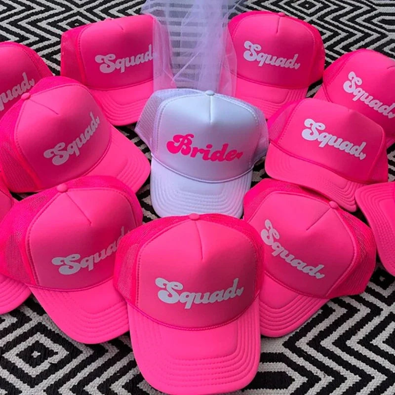 Hot Pink Bride Squad Trucker Hat - Bachelorette Fun Hats Luxurious Weddings