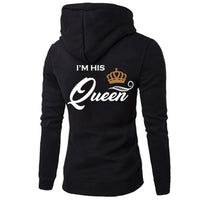 a black hoodie with the words i'm his queen printed on it