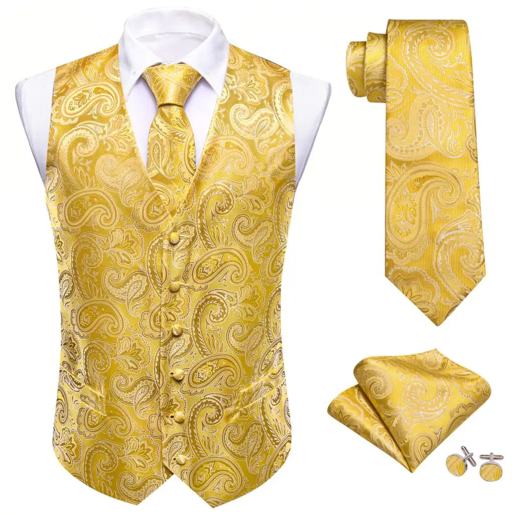 a yellow vest, tie, and matching cufflinks
