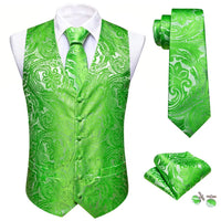 a green vest and tie with matching cufflinks