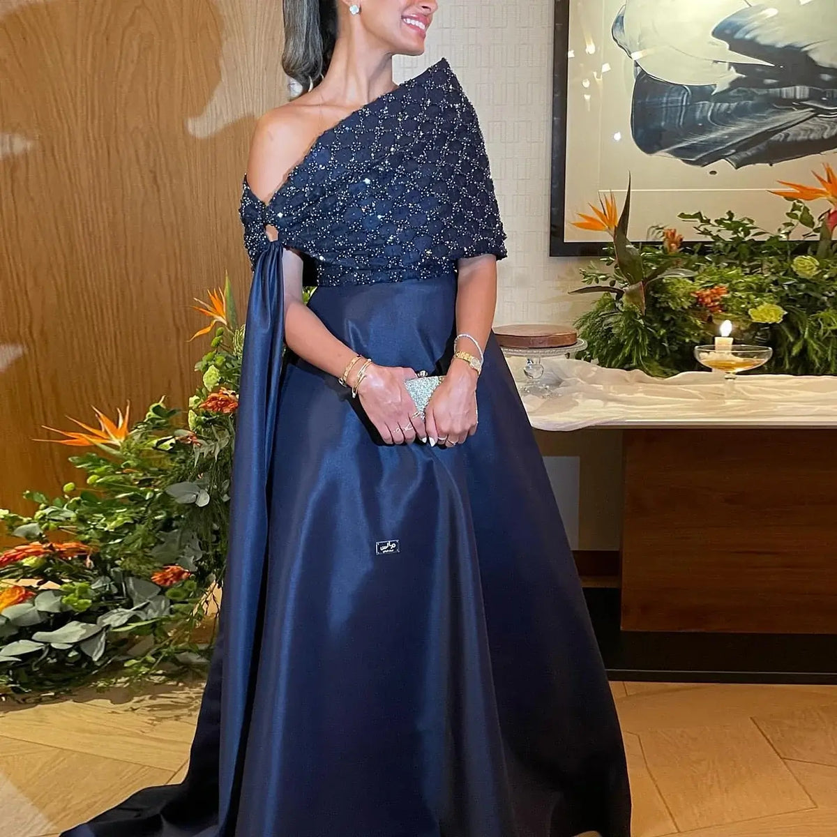 Elegant Off-Shoulder Navy Blue Evening Dress with Cape