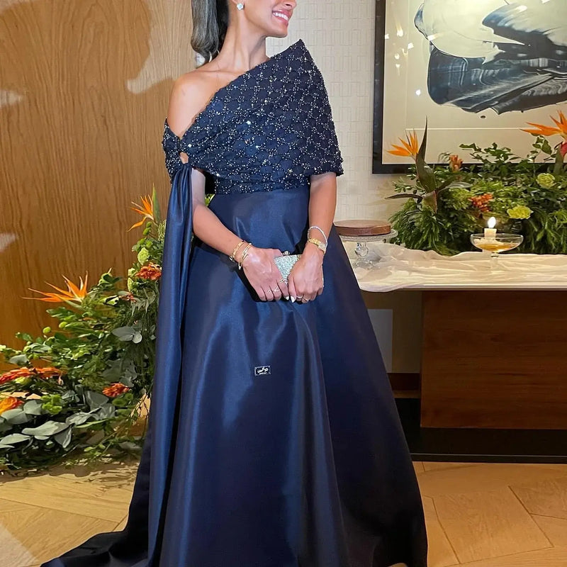 Elegant Off-Shoulder Navy Blue Evening Dress with Cape mother of the bride Luxurious Weddings