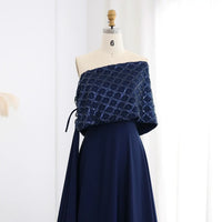 Elegant Off-Shoulder Navy Blue Evening Dress with Cape