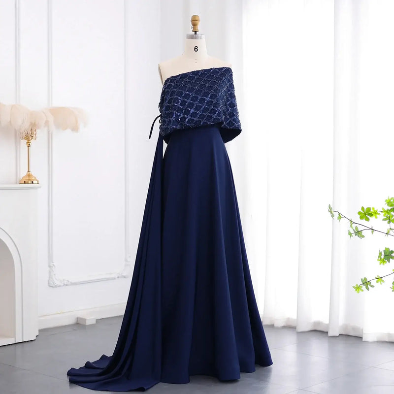 Elegant Off-Shoulder Navy Blue Evening Dress with Cape mother of the bride Luxurious Weddings