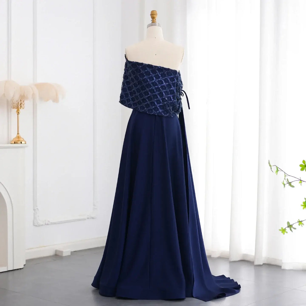 Elegant Off-Shoulder Navy Blue Evening Dress with Cape