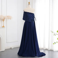 Elegant Off-Shoulder Navy Blue Evening Dress with Cape