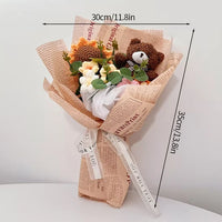 a bouquet of flowers wrapped in newspaper with a teddy bear