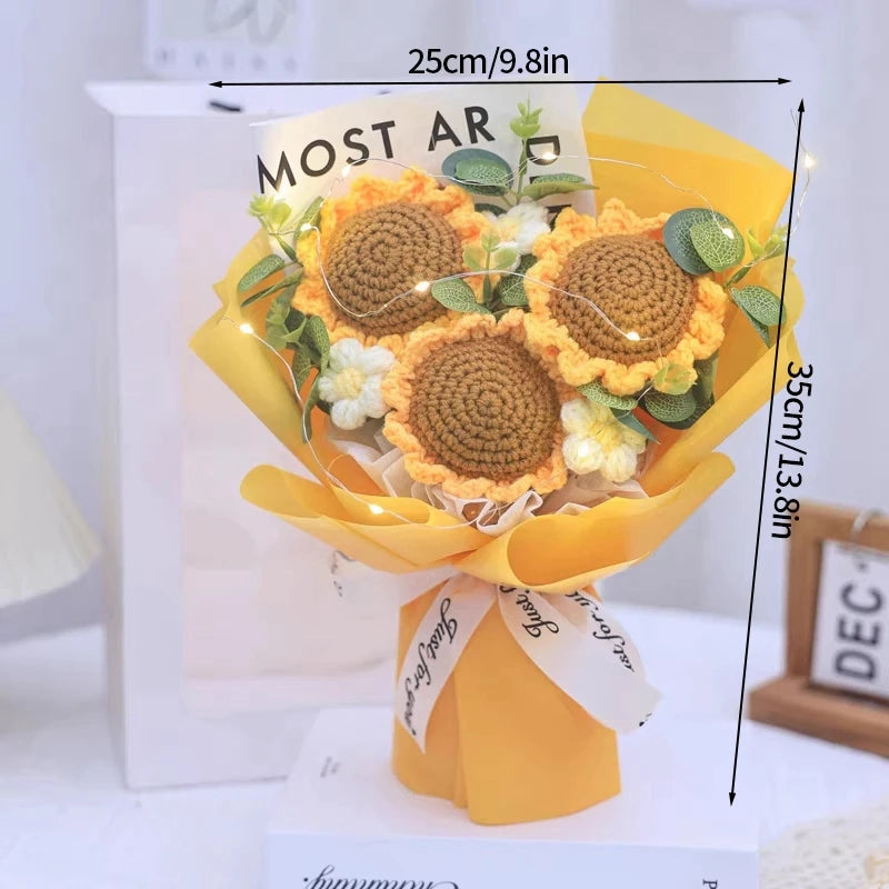 a bouquet of crocheted sunflowers on a card