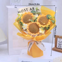 a bouquet of crocheted sunflowers on a card