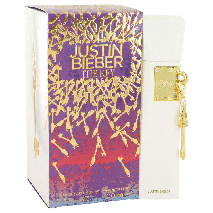 The Key Eau De Parfum Spray by Justin Bieber 100 ml in a decorative box, luxurious perfume and fragrance.