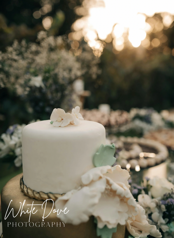White cake with decorative elements on a blurred natural background