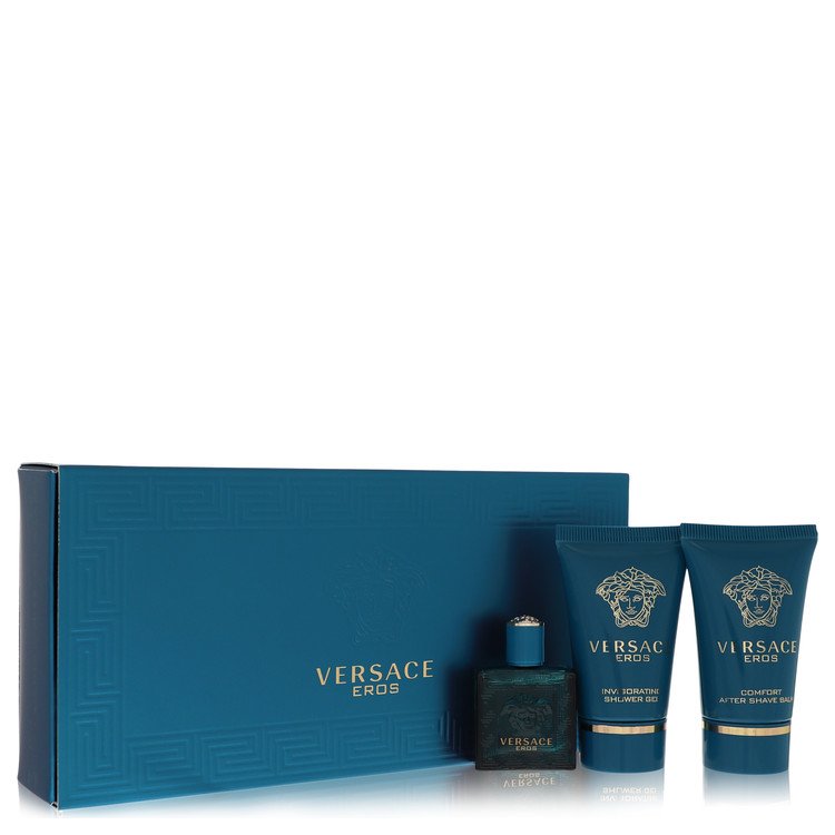 Versace Eros Gift Set - .17 oz Mini EDT + .8 oz Shower Gel + .8 oz After Shave Balm by Versace -- packaging and products.