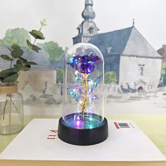 a purple flower under a glass dome on a table