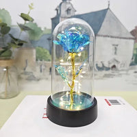 a blue rose is under a glass dome