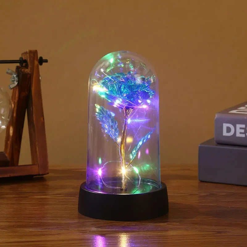 a flower in a glass dome with colorful lights